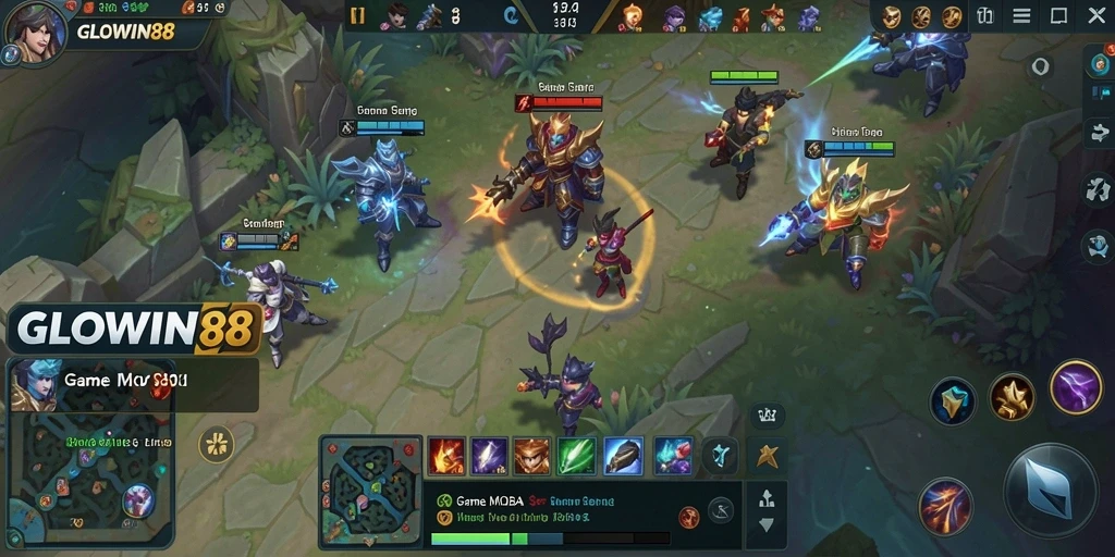 Screenshot gameplay GLOWIN88 dengan pertempuran seru dan strategi tim.