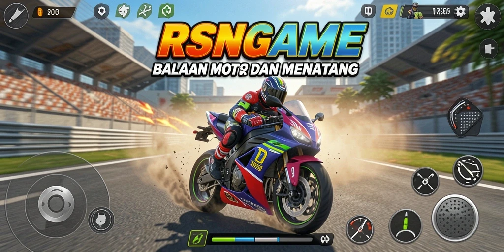 Tangkapan layar yang menunjukkan aksi balapan motor yang mendebarkan di RSNGAME.