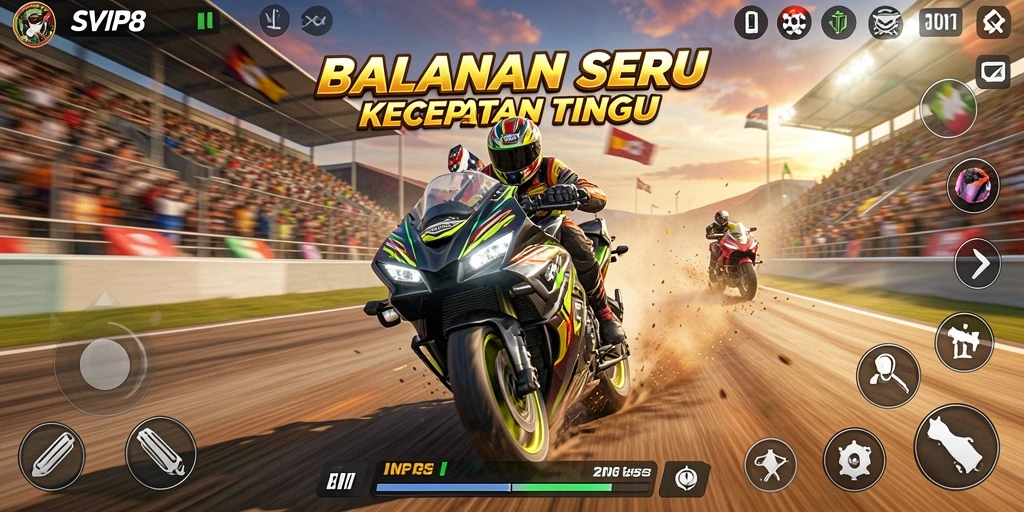 Screenshot utama SVIP8 menampilkan aksi balapan yang mendebarkan di lintasan.